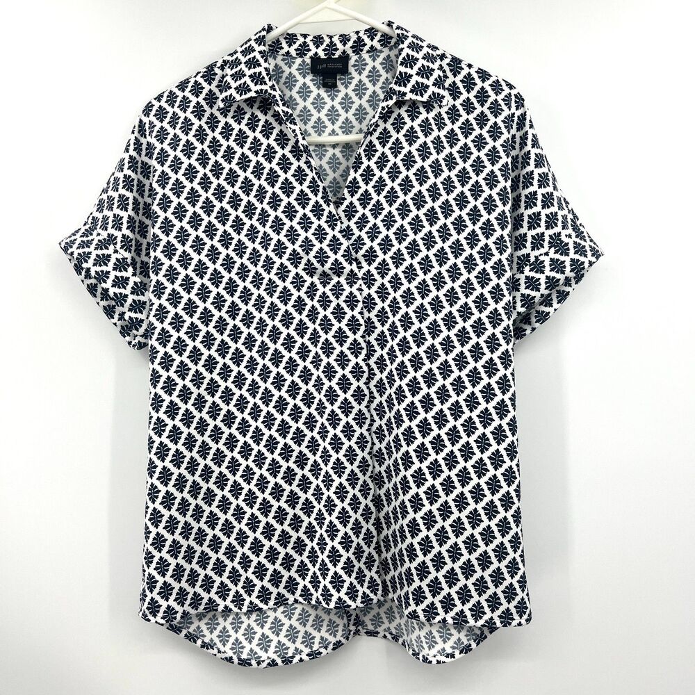 J. Jill Wearever Collection Womens XS Navy White Geometric Short Sleeve Blouse